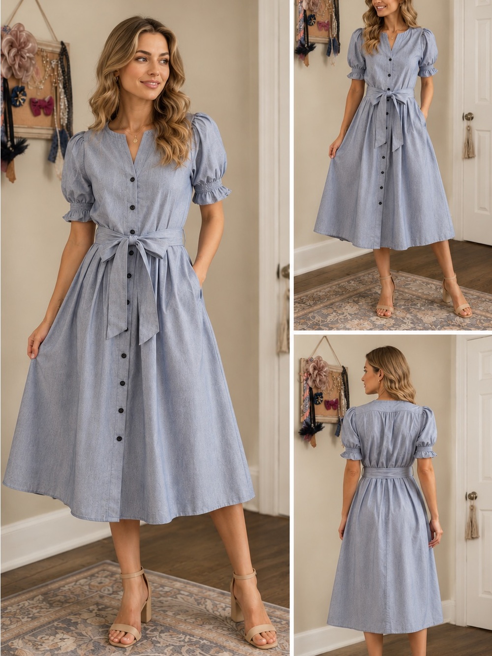 Gal Meets Glam Blue Button-Front Midi Dress with Tie Waist